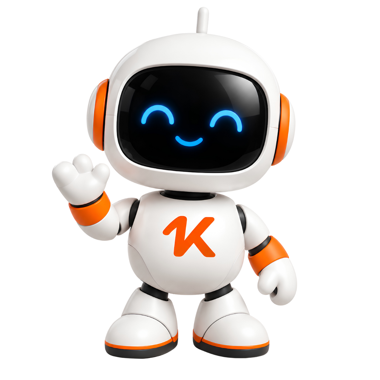 Mascote oficial da Klindo, robô branco e laranja sorridente